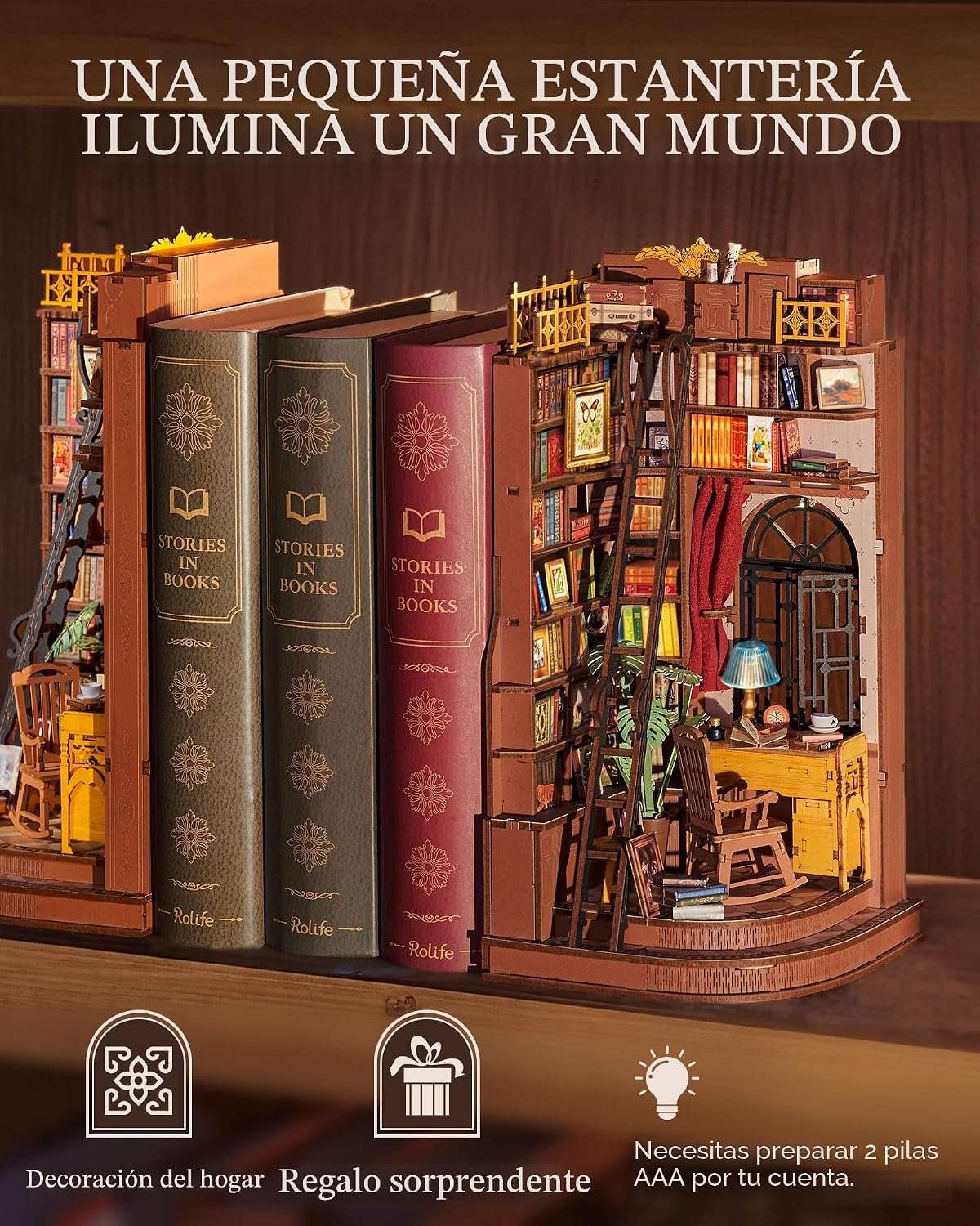 Rolife Kit de Rincón de Libros DIY Estudio de Esquina Silenciosa, Rompecabezas 3D Sujetalibros Británico Creativo Decoración de Estantería para Adultos, Kits en Miniatura de Casa Pequeña Kits de
