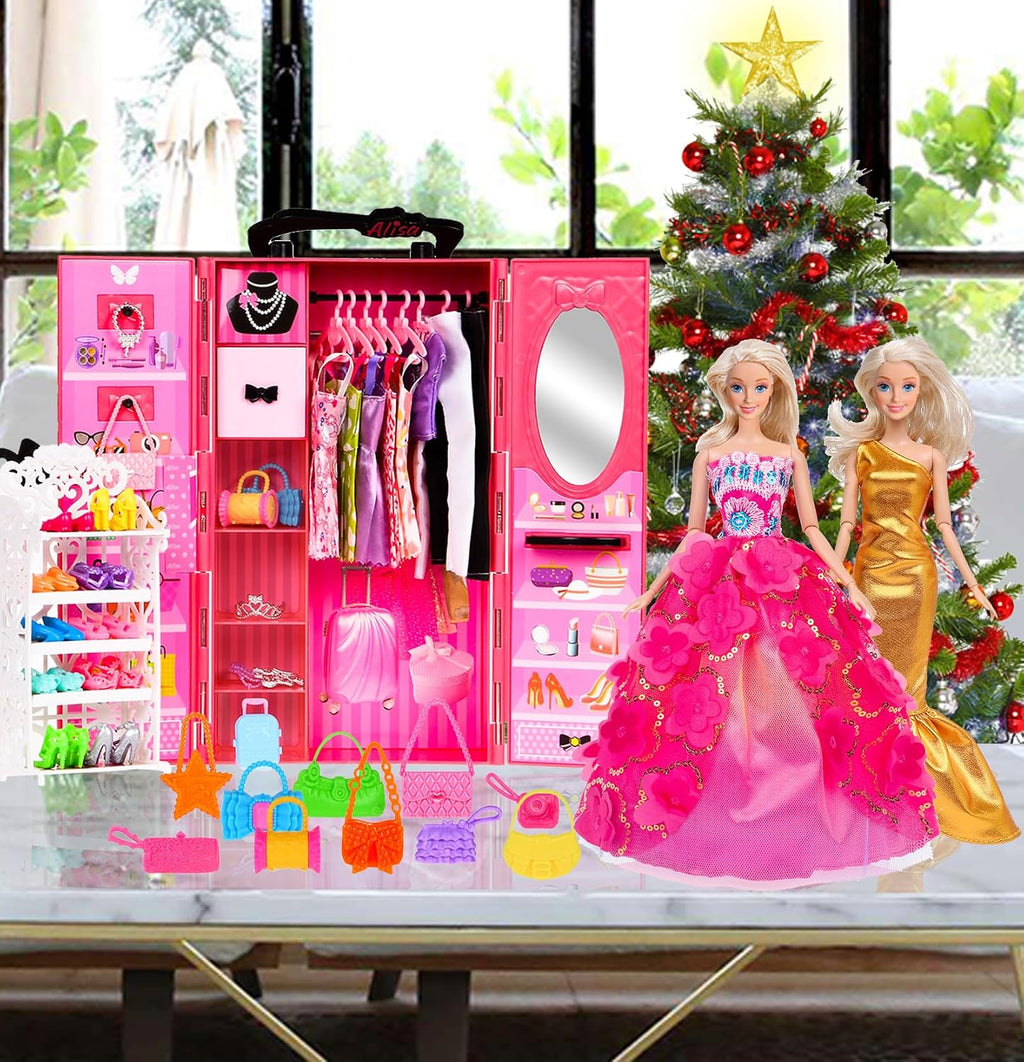 ebuddy 105 Pcs Juego de Muñeca y Armario Plyaset - Set de Wardrobe que Incluye Una Muñeca, Armario, Riel para Zapatos, Vestido, Colgantes y Colgadores de Zapatos