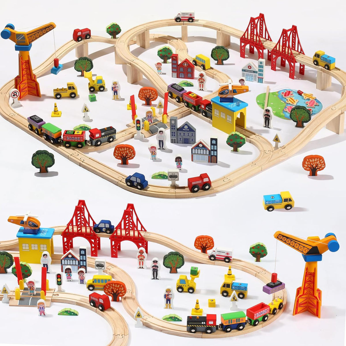 Juego de tren de madera de 120 piezas, tren de juguete con pistas para niños de 3 a 10 años, compatible con las principales marcas, juego de ferrocarril para niños y niñas