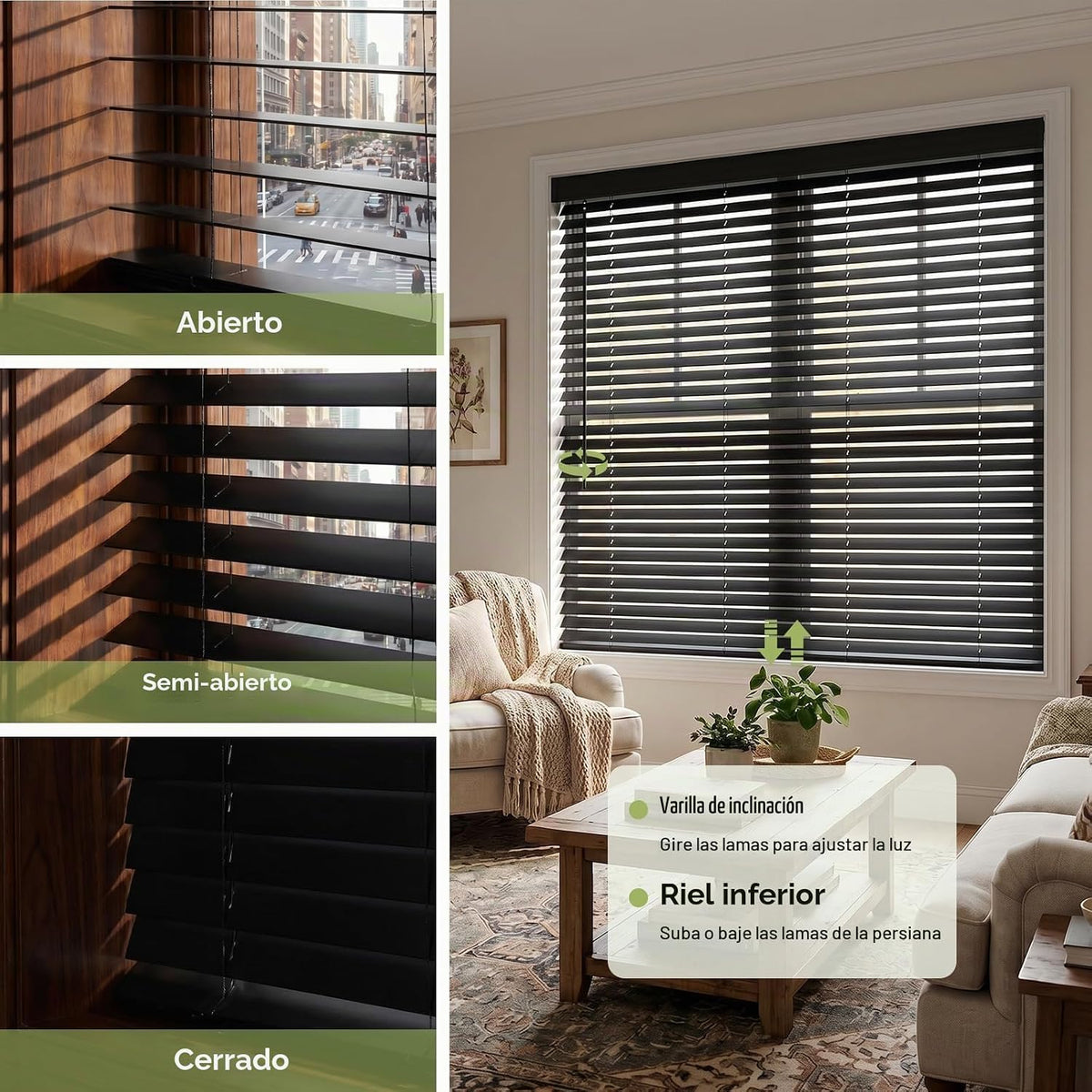 2" Persianas de Madera Verdadera sin Cables 23"W x 48"H Negro de Madera de Basswood para Ventanas Interiores