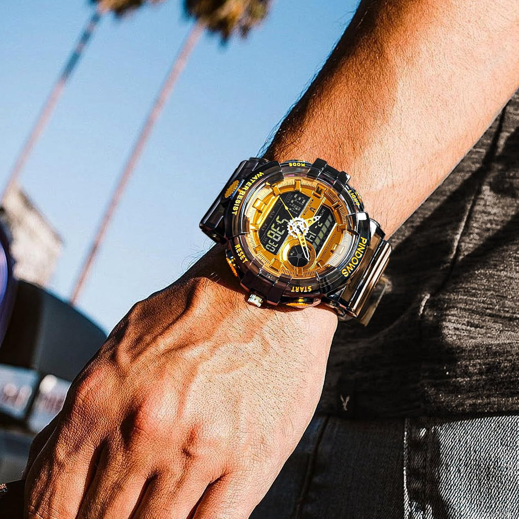 Relojes PINDOWS para hombre, transparente dorado, analógico digital, doble hora, 50M resistente al agua, retroiluminación LED, multifuncional con alarmas, cronómetro, ideal para deportes, actividades