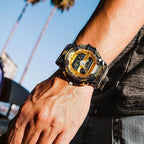 Relojes PINDOWS para hombre, transparente dorado, analógico digital, doble hora, 50M resistente al agua, retroiluminación LED, multifuncional con alarmas, cronómetro, ideal para deportes, actividades