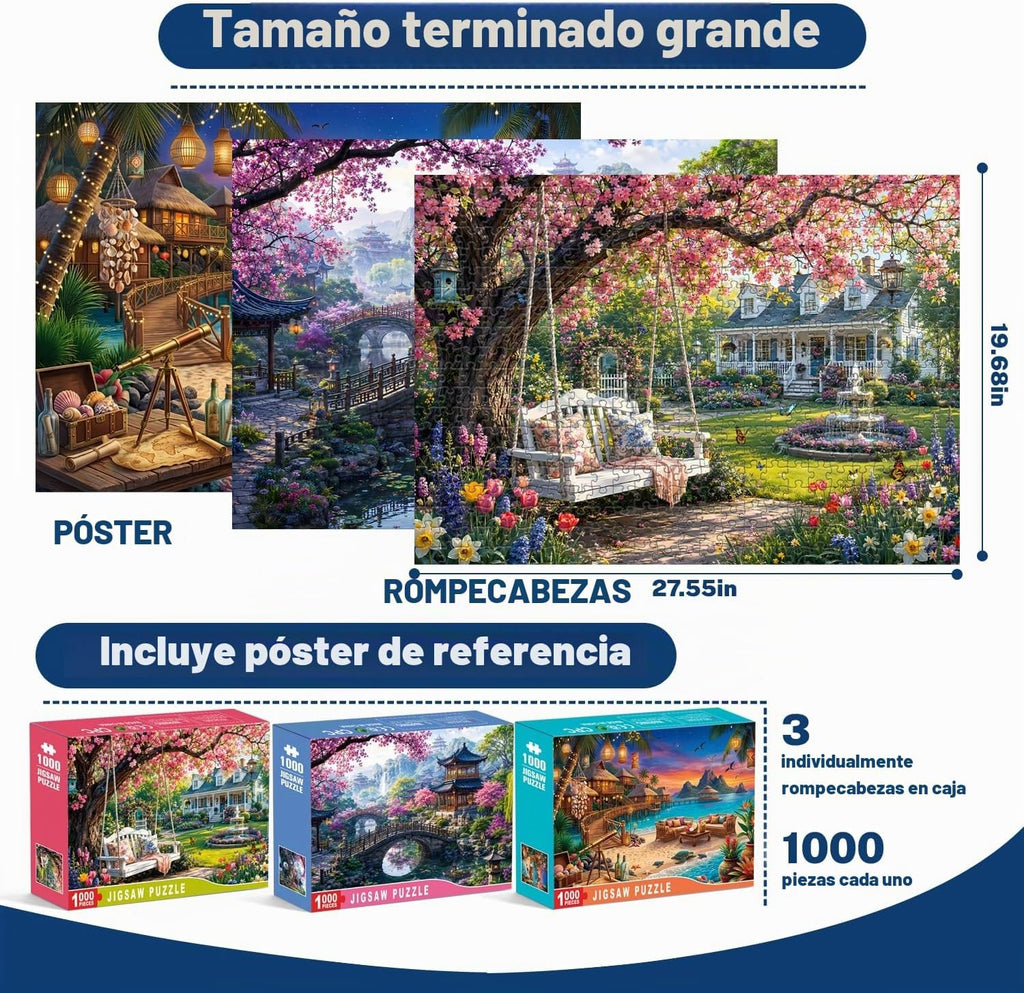 Paquete de 3 rompecabezas de 1000 piezas para adultos, paisajes de jardín