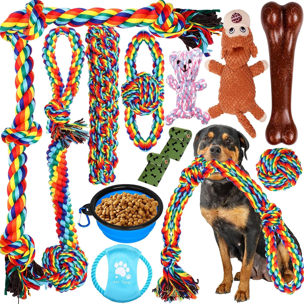 XLMYS Juguetes para perros para masticadores agresivos, paquete de 13, juguetes indestructibles de tira y afloja para razas de perros pequeñas, medianas y grandes, juguetes de limpieza de dientes