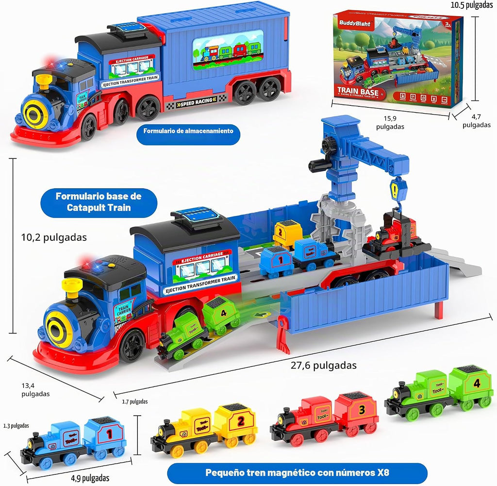 Juego de tren de juguete 2 en 1 para niños pequeños, base de tren de catapulta con grúa torre móvil, 8 pequeños trenes magnéticos, efecto de luz y sonido, juguete de camión de expulsión para niños