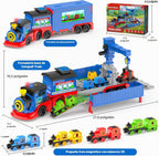Juego de tren de juguete 2 en 1 para niños pequeños, base de tren de catapulta con grúa torre móvil, 8 pequeños trenes magnéticos, efecto de luz y sonido, juguete de camión de expulsión para niños