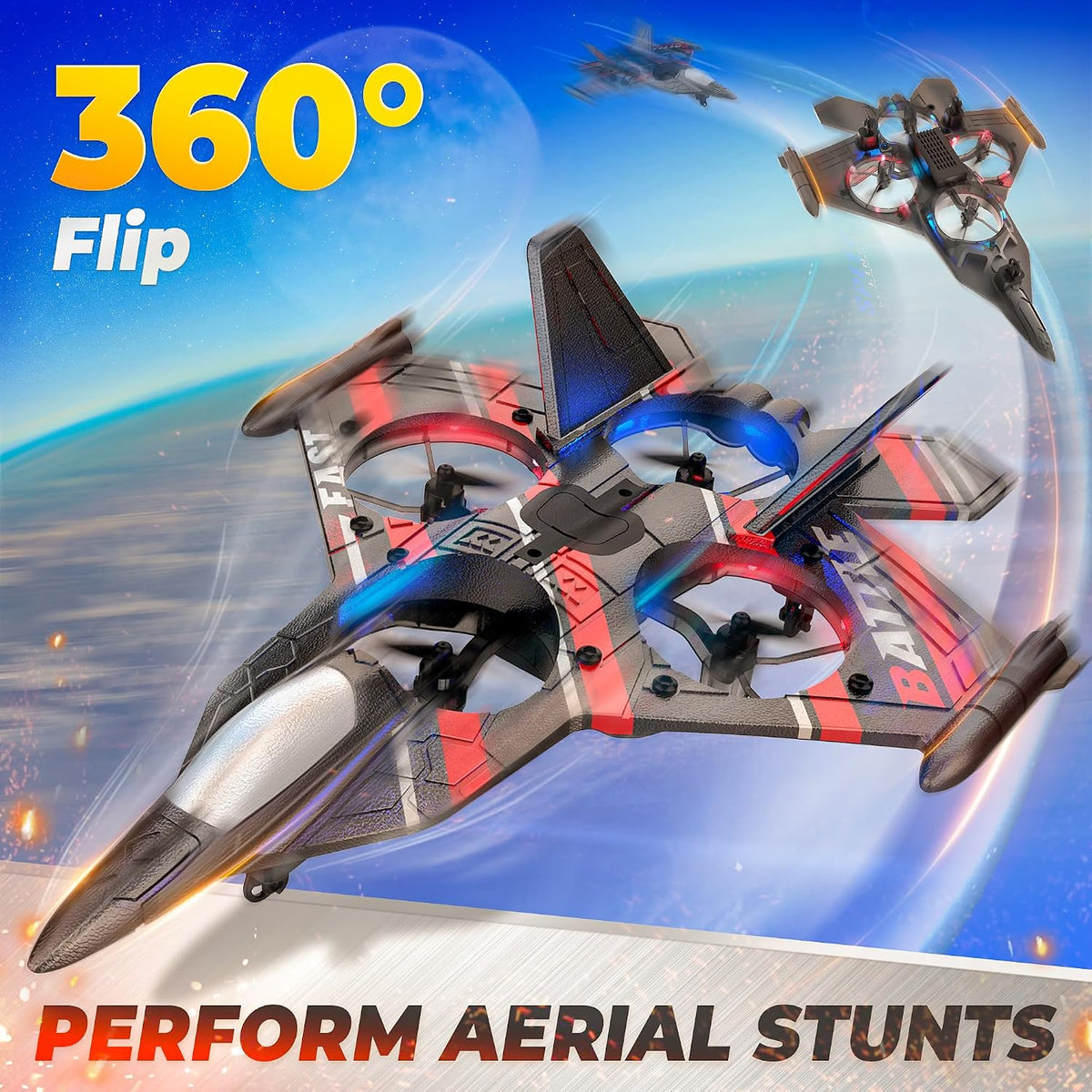 Avión RC BEZGAR para niños, Jet de combate con luces LED y giro 360°, Rojo