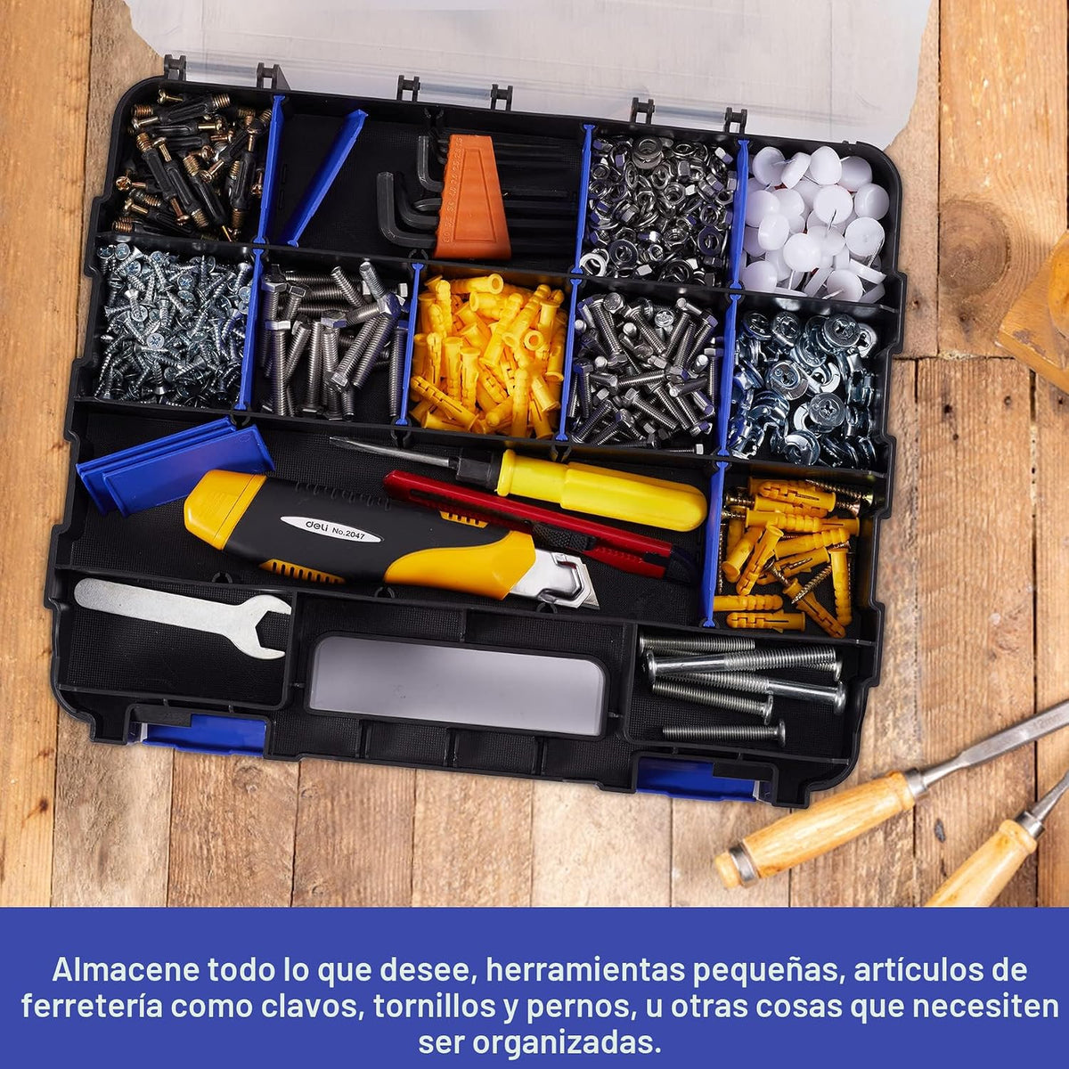 Caja de almacenamiento de piezas pequeñas, organizador de herramientas de doble cara, 34 compartimentos, organizadores de hardware con divisores de plástico extraíbles para tornillos, tuercas, clavos