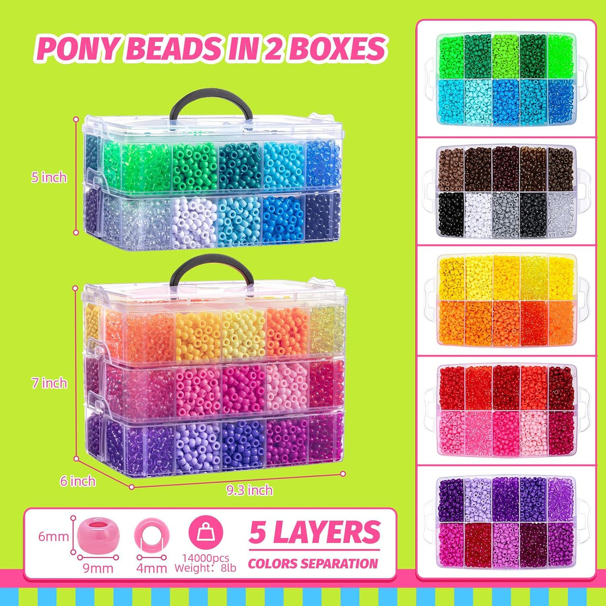14000 cuentas de poni a granel, 50 colores para hacer pulseras