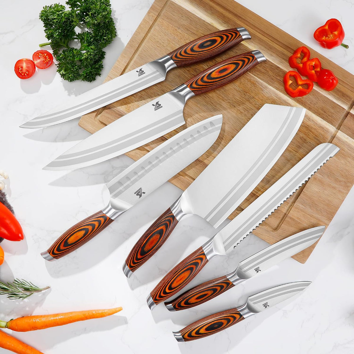 Juego de cuchillos de cocina de 7 piezas, acero inoxidable alemán para cuchillos de chef con mango de madera de Pakkawood, juego de cubiertos perfecto para regalo
