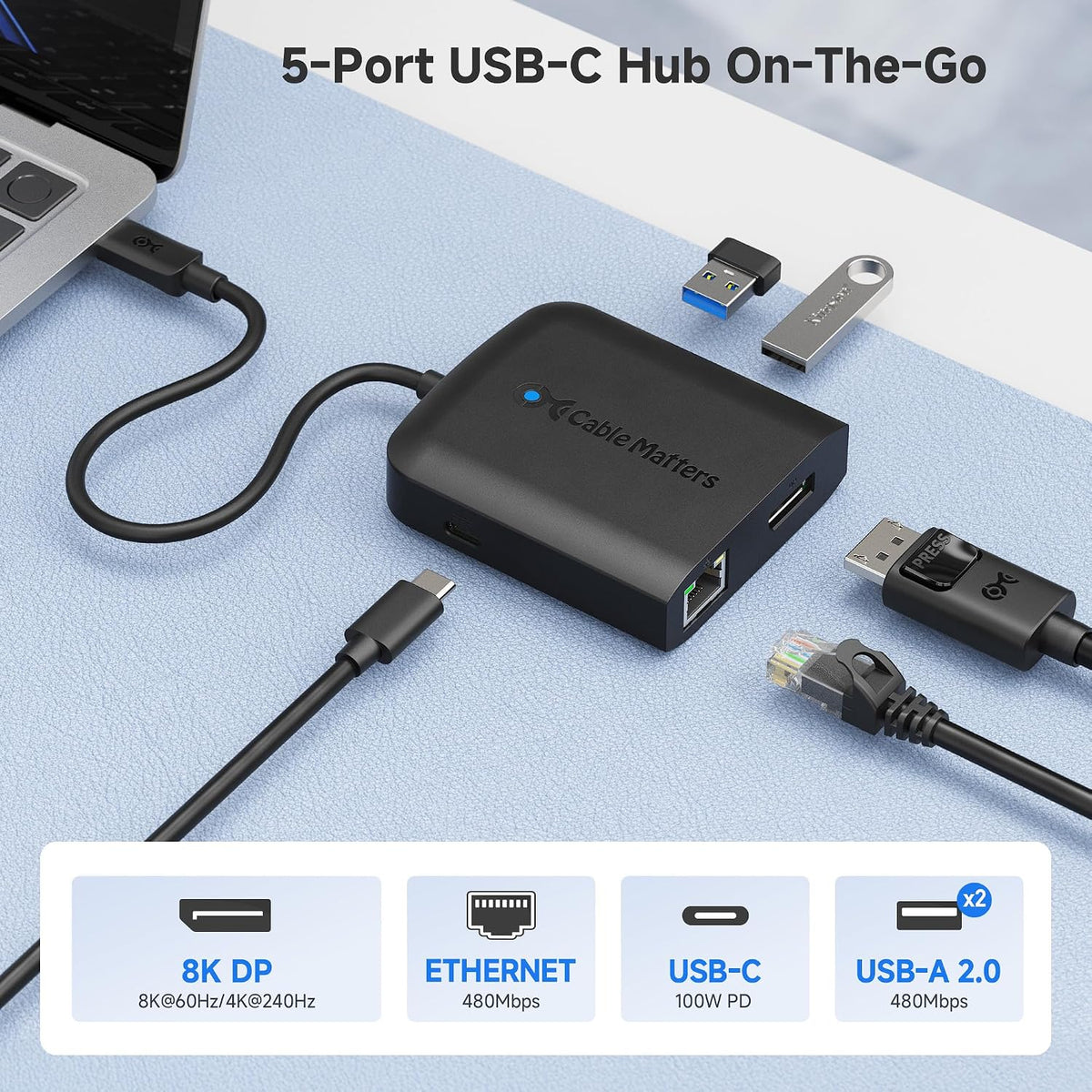 Cable Matters, 201046-BLK, hub USB 2.0 de 2 puertos, alimentado