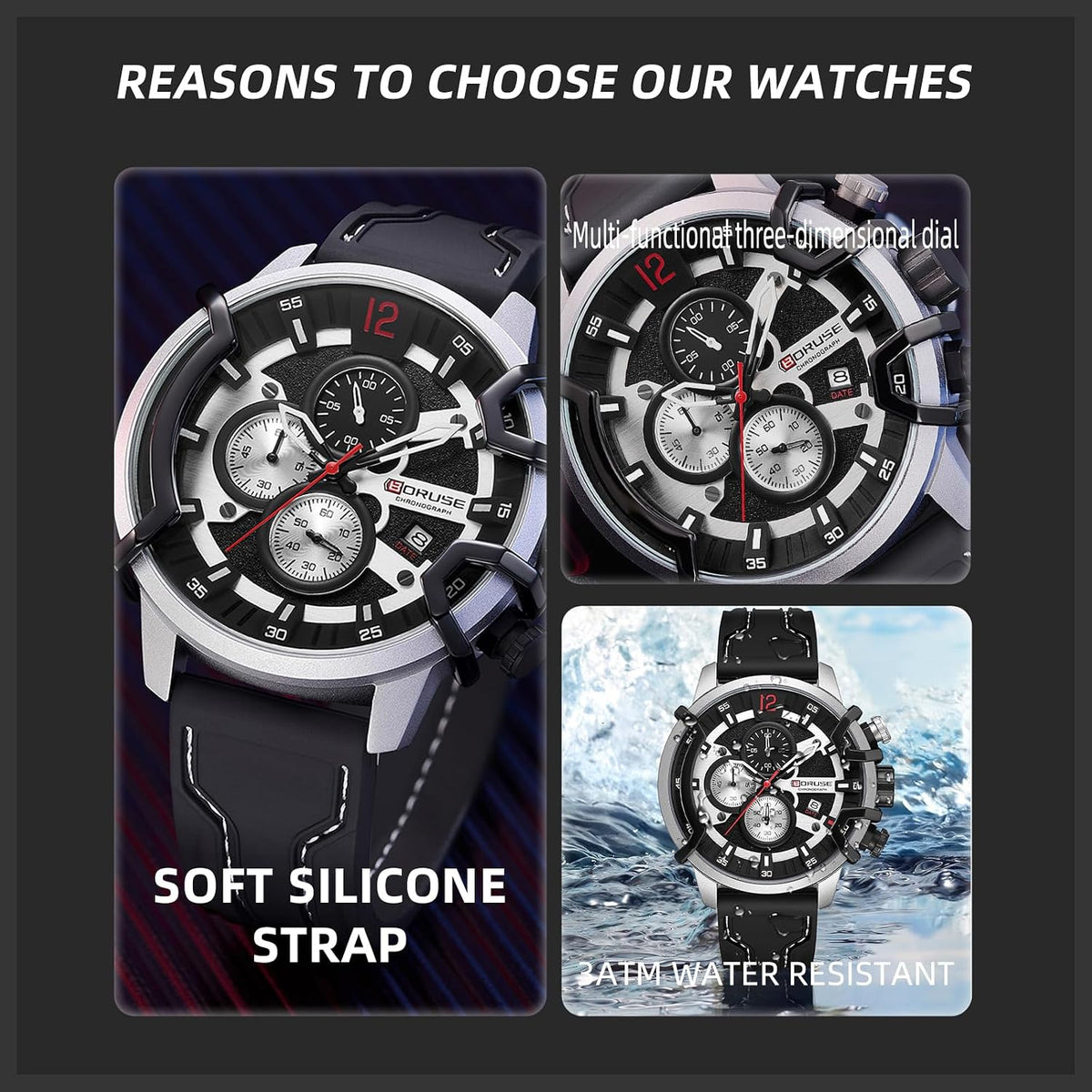 Relojes deportivos para hombre cronógrafo militar con correa de silicona