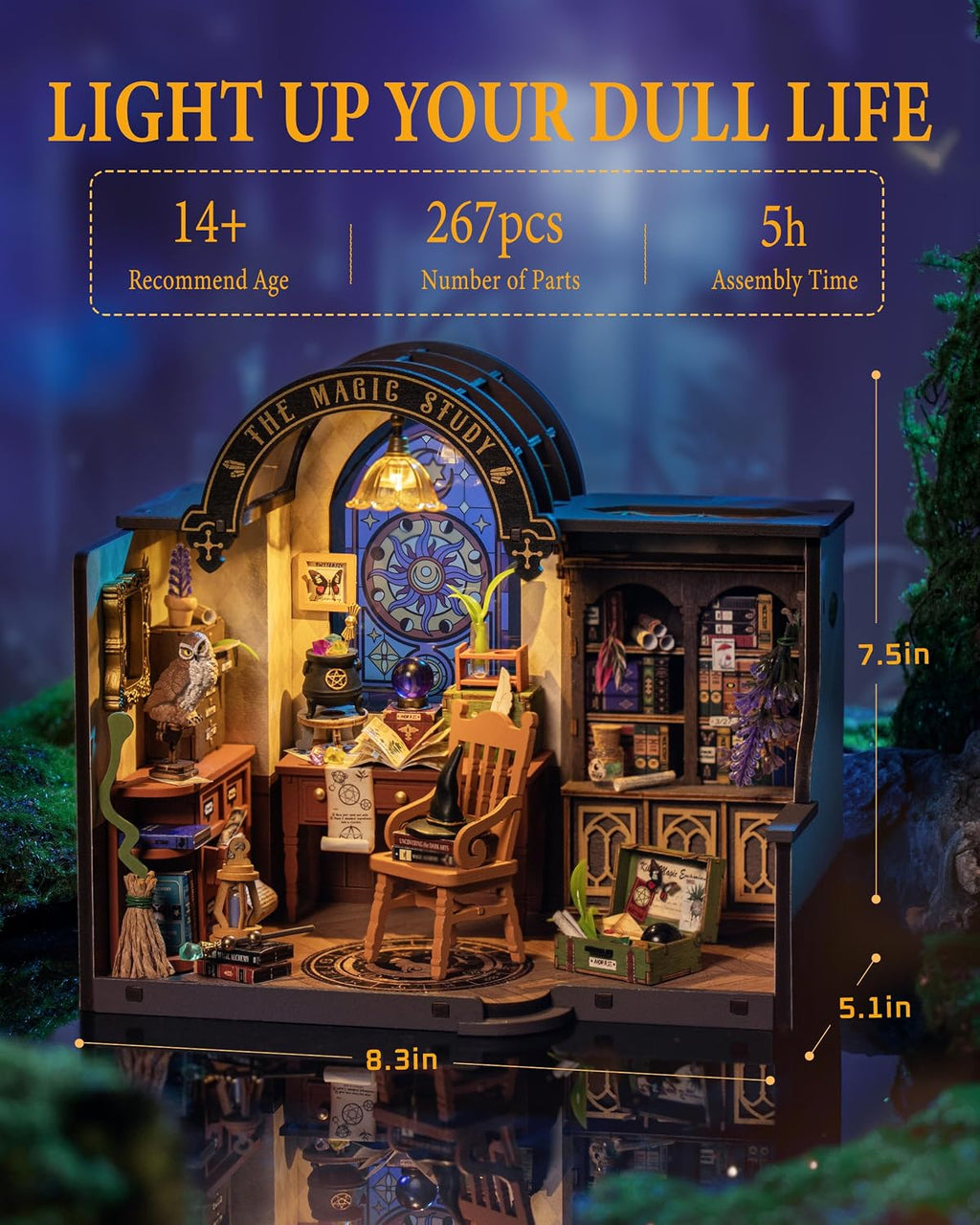 Rowood Kit de casa en miniatura para estudio mágico, kit de casa de muñecas en miniatura para adultos, kits de manualidades de mago para mujeres con LED, regalo de cumpleaños de Navidad para adultos (estudio mágico)