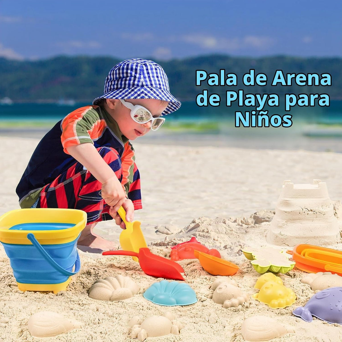 Juguetes de arena de playa para niños con 2 cubos de arena plegables de