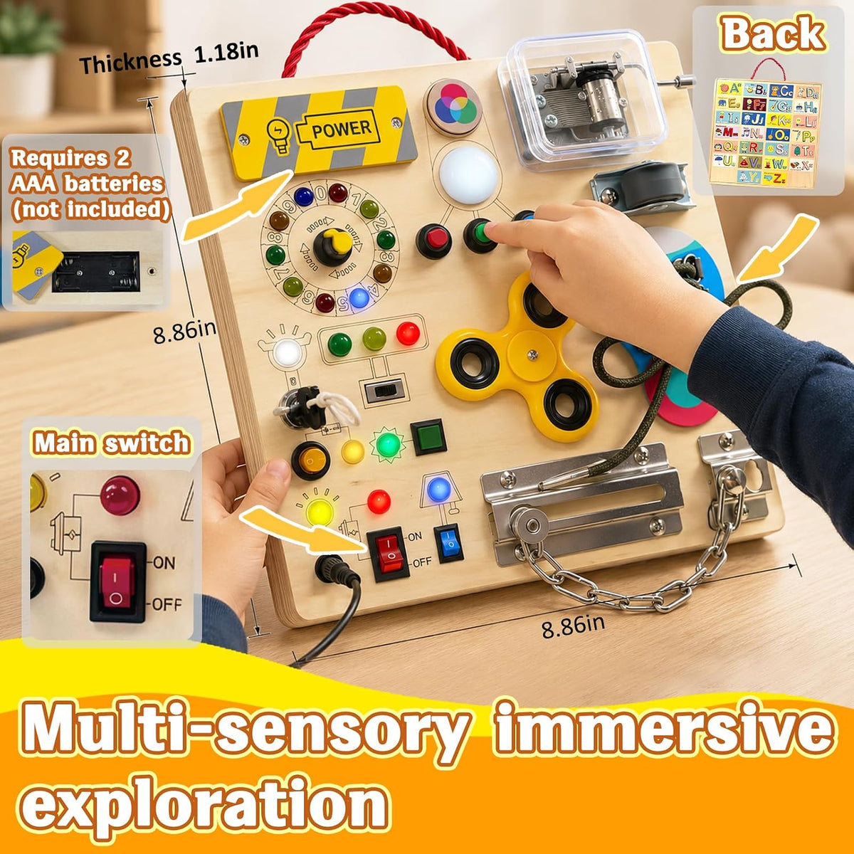 Tablero de actividades con interruptores de luz LED, juguetes Montessori para niños pequeños de 1 a 3 años, tablero de actividades sensoriales de madera, juguete de aprendizaje de viaje para niños y