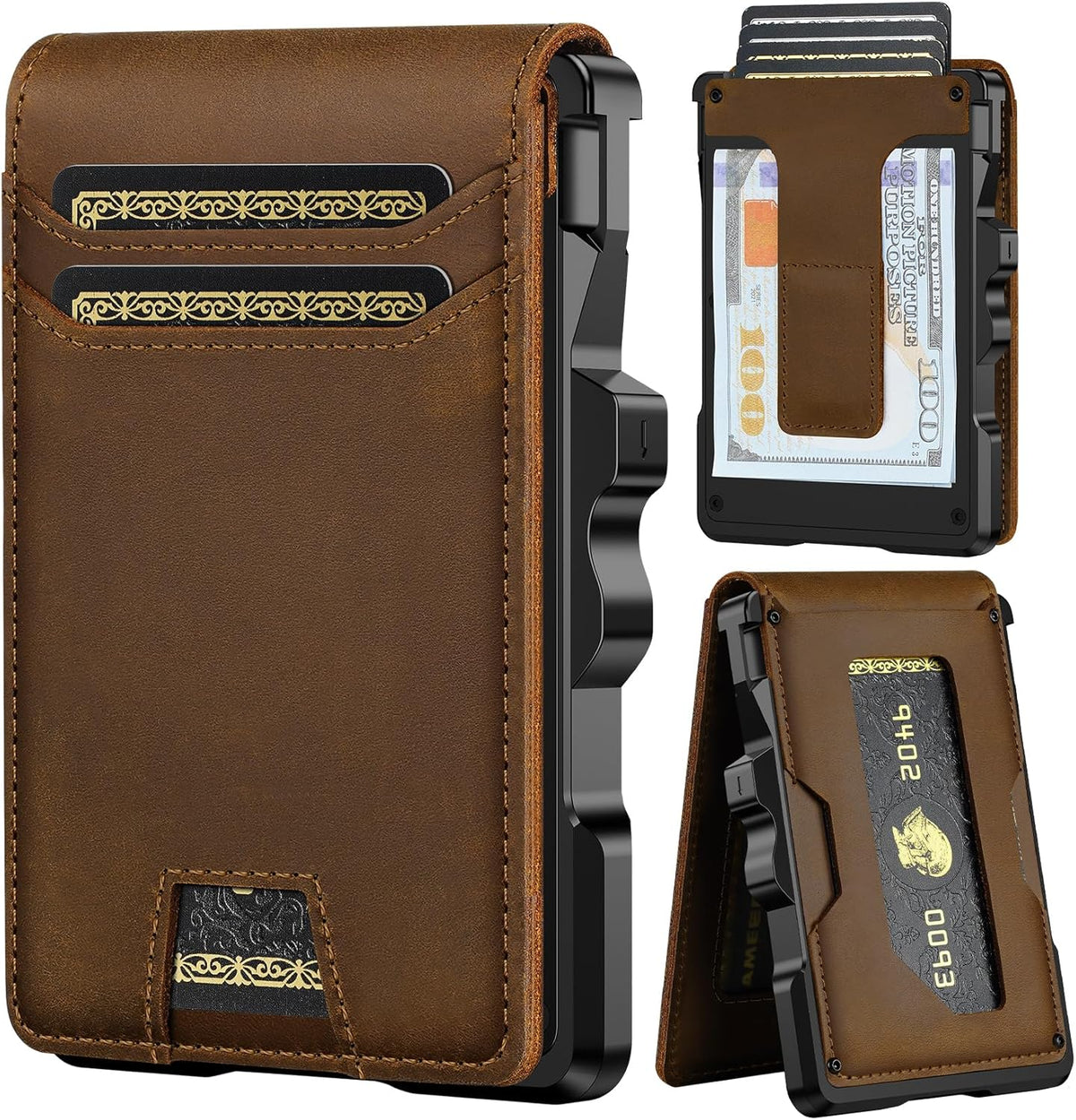 furid Cartera de cuero genuino para hombres: billetera minimalista, Castaño de grano completo