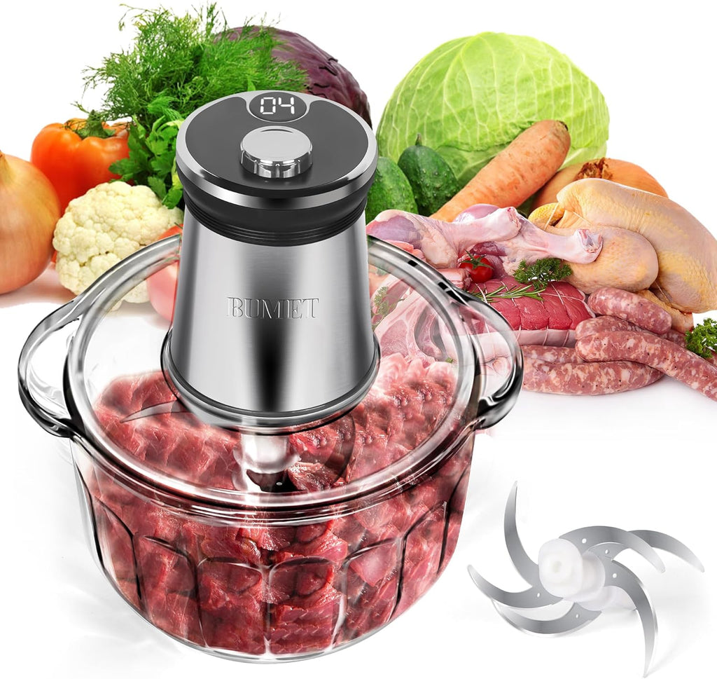 Cuenco de vidrio de 16 tazas 850 W procesador eléctrico de alimentos, temporizador LED. Cuchilla de 6 filos de corte de 3 niveles para picar, picar, ideal como picadora de carne, picadora de verduras frescas, proceso de alimentos para mascotas en la