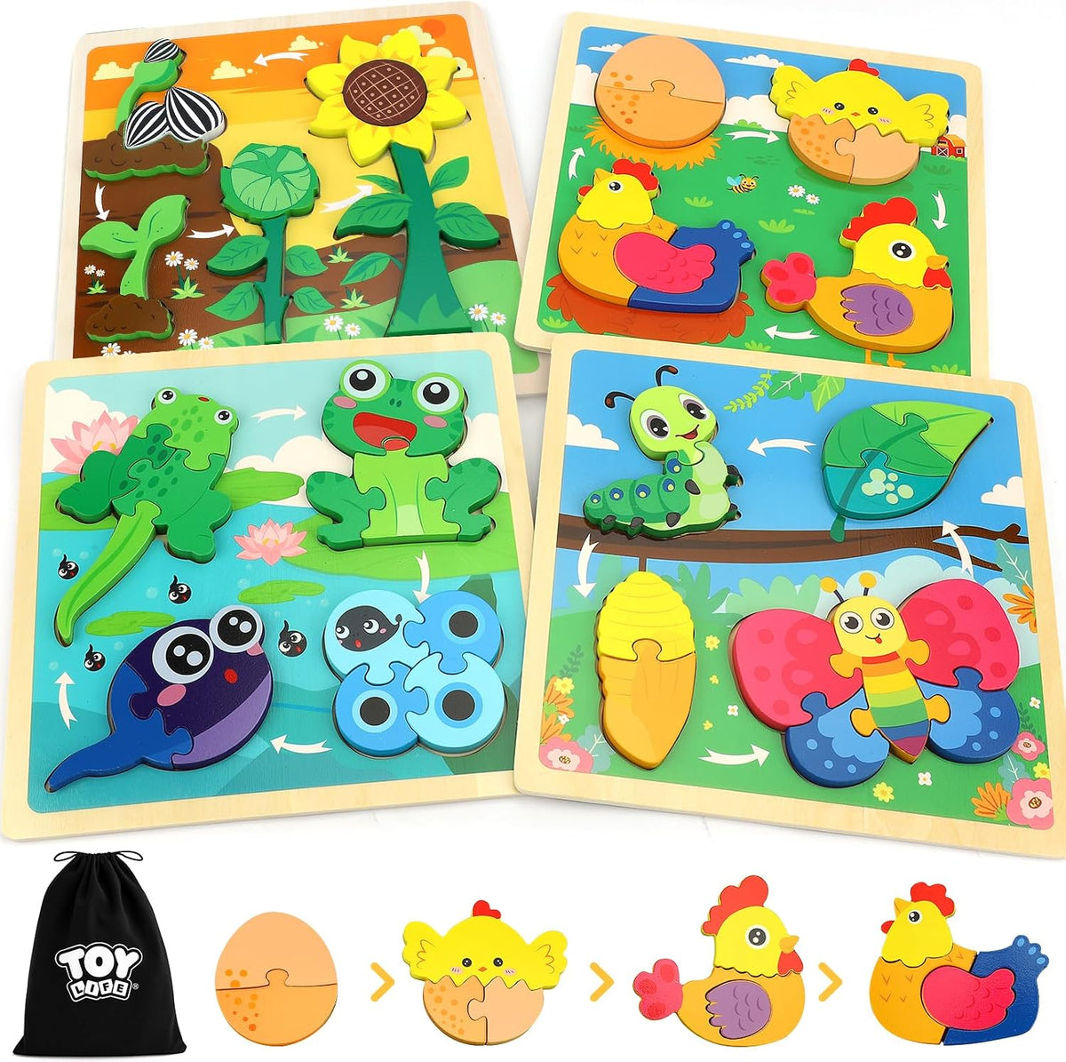TOY Life Juguetes de ciclo de vida para niños, rompecabezas de madera para niños pequeños de 2 a 4 años, 4 piezas grandes, rompecabezas de animales para niños pequeños de 1 a 3, juguetes Montessori para niños de 1, 2, 3 años, juguete educativo para bebés