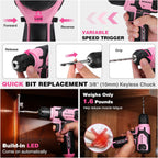 WORKPRO Juego de brocas de perforación rosa para taladro eléctrico para mujeres, juego de 8V