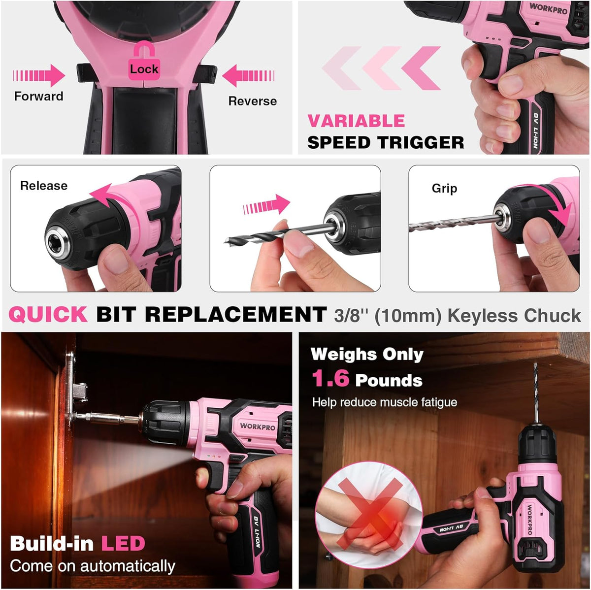 WORKPRO Juego de brocas de perforación rosa para taladro eléctrico para mujeres, juego de 8V