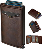 Cartera para hombre, tarjetero desplegable delgado con bloqueo RFID, billetera triple minimalista con 10 ranuras para tarjetas, bolsillo para efectivo y 2 ventanas para identificación, funda