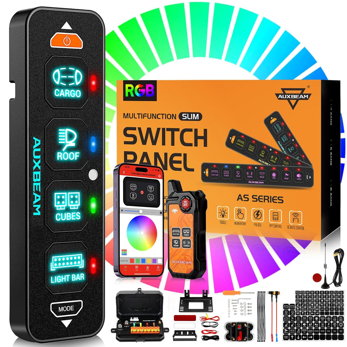 Auxbeam AS-400 Slim - Panel de interruptor de 4 bandas con aplicación Bluetooth y control remoto inalámbrico