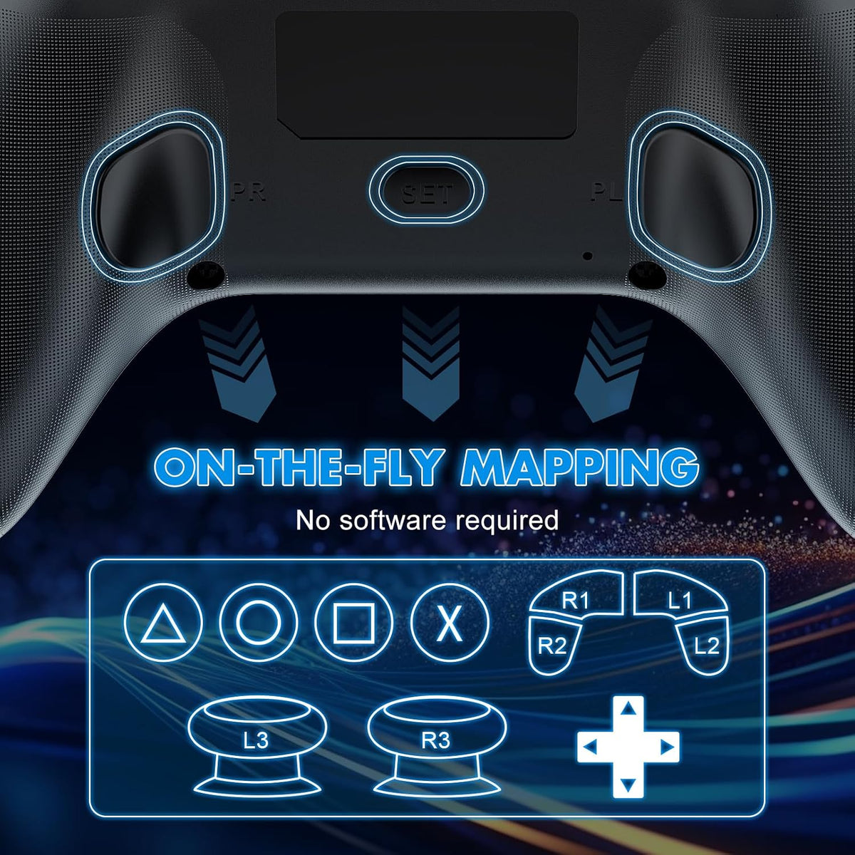 Dinosoo Controlador inalámbrico RGB con luz LED y botones traseros de reasignación, turbo ajustable, adaptador 2.4G para PS5, PC