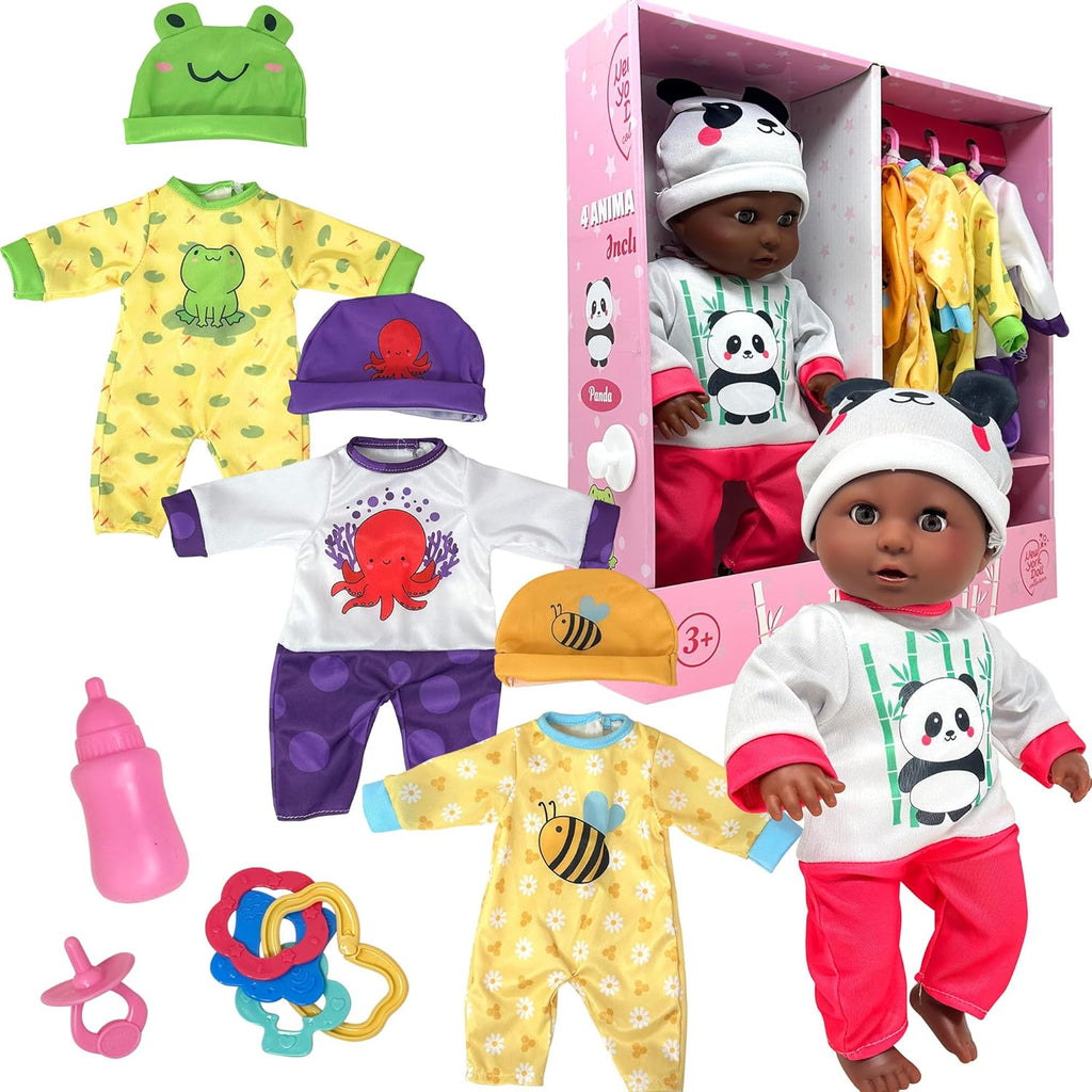 Muñeca de bebé de cuerpo suave con accesorios y 4 juegos de trajes de animales, Afroamericano