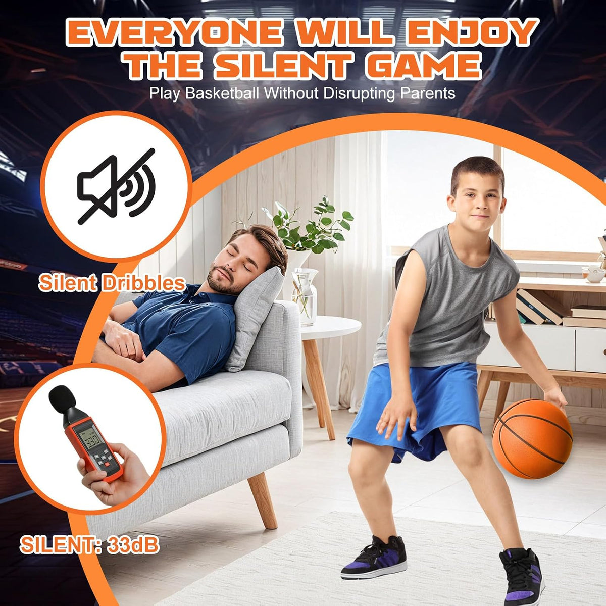Baloncesto silencioso tamaño 7 (29.5 pulgadas) – Baloncesto interior de espuma sin aire ranurada para regates silenciosos y entrenamiento en interiores, material de poliuretano profesional