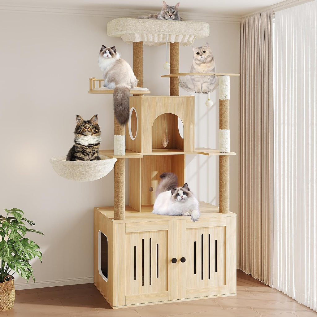 Árbol para gatos con caja de arena, torre para gatos de varios niveles con muebles ocultos, percha superior de felpa grande, postes rascadores de sisal, condominio para gatos y hamaca para gatos de