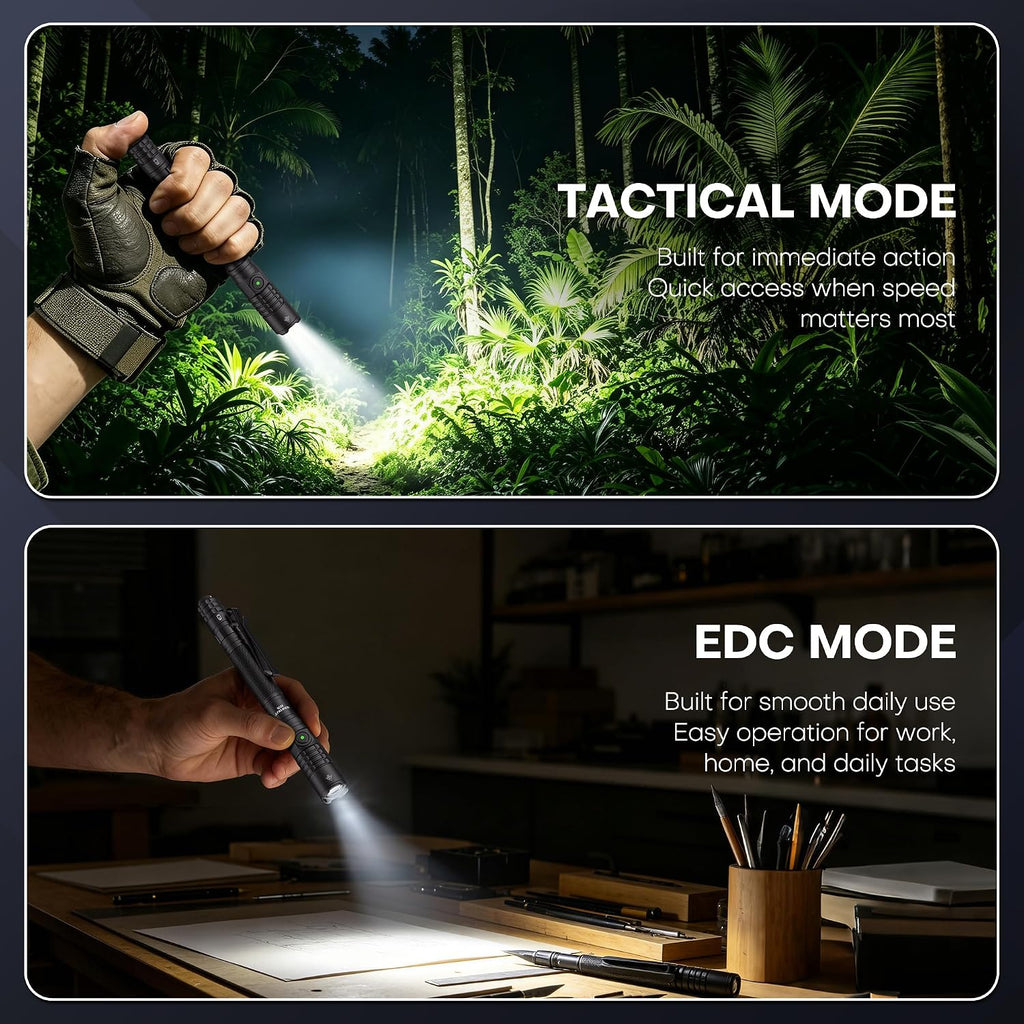 Linterna táctica EDC recargable, doble modo de 1200 lúmenes altos, linterna LED de bolsillo de doble interruptor, luz de flash pequeña súper brillante para emergencia, campamento, hogar