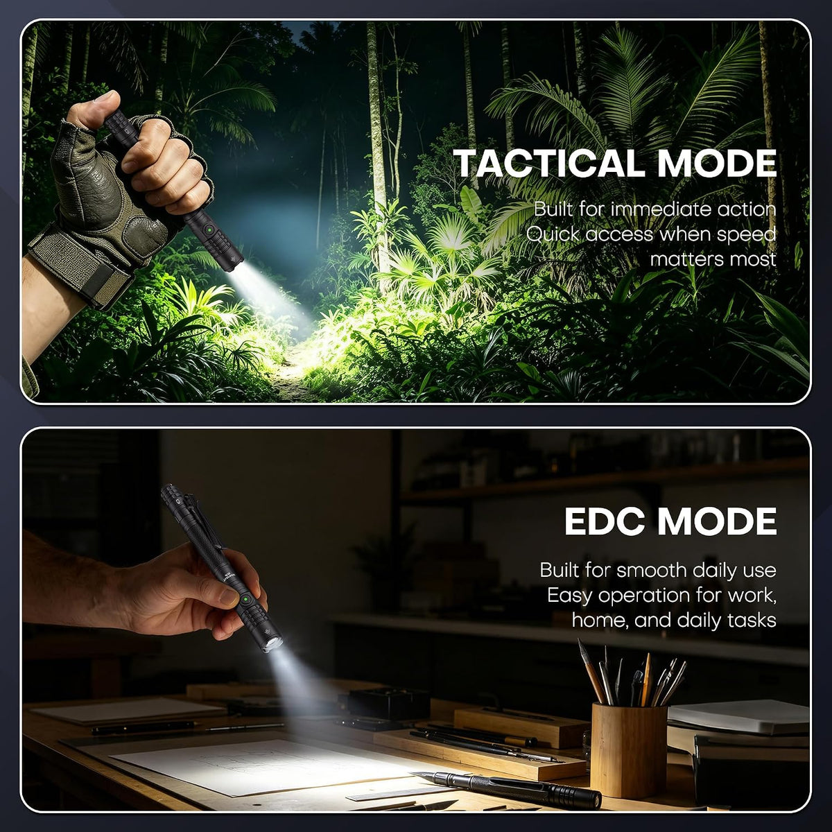 Linterna táctica EDC recargable, doble modo de 1200 lúmenes altos, linterna LED de bolsillo de doble interruptor, luz de flash pequeña súper brillante para emergencia, campamento, hogar