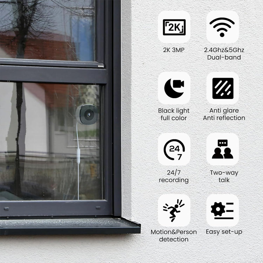 Cámara de ventana 2K sin taladro, paquete de 2 cámaras para segurid...
