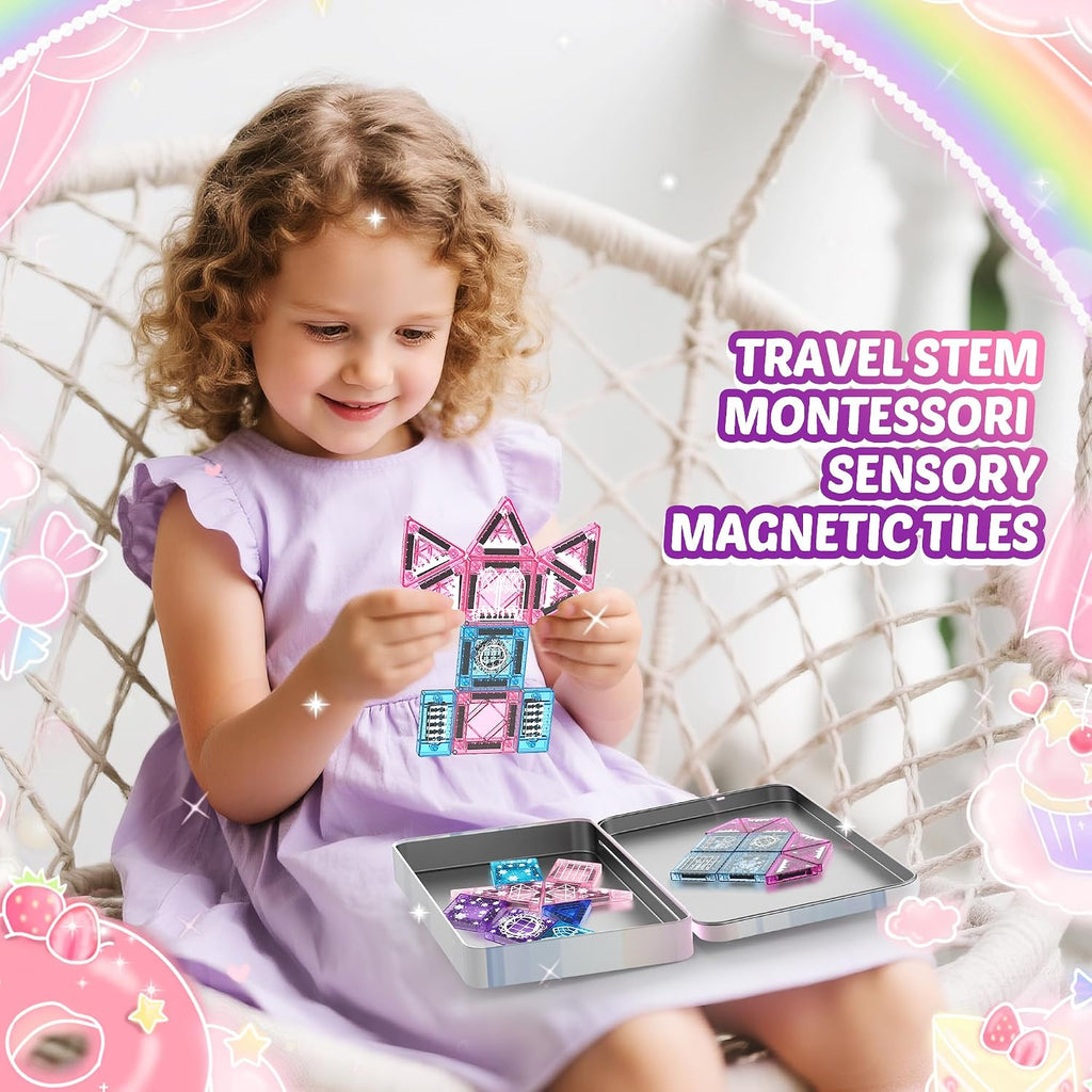 Bloques magnéticos de princesa, castillo de princesa, bloques magnéticos de viaje con caja de metal y 2 muñecas, mini azulejos magnéticos para niñas, juegos de simulación, regalos sensoriales STEM