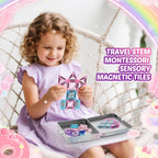 Bloques magnéticos de princesa, castillo de princesa, bloques magnéticos de viaje con caja de metal y 2 muñecas, mini azulejos magnéticos para niñas, juegos de simulación, regalos sensoriales STEM