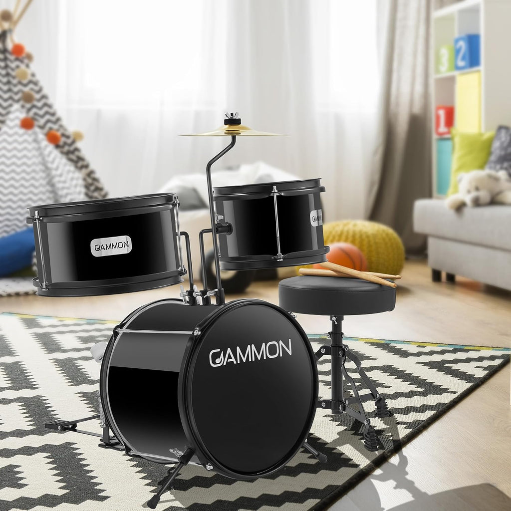 Juego de tambores, negro, para niños, completo, tamaño adecuado, con platillos, taburete, palos, todo lo que se necesita para empezar a tocar., Negro