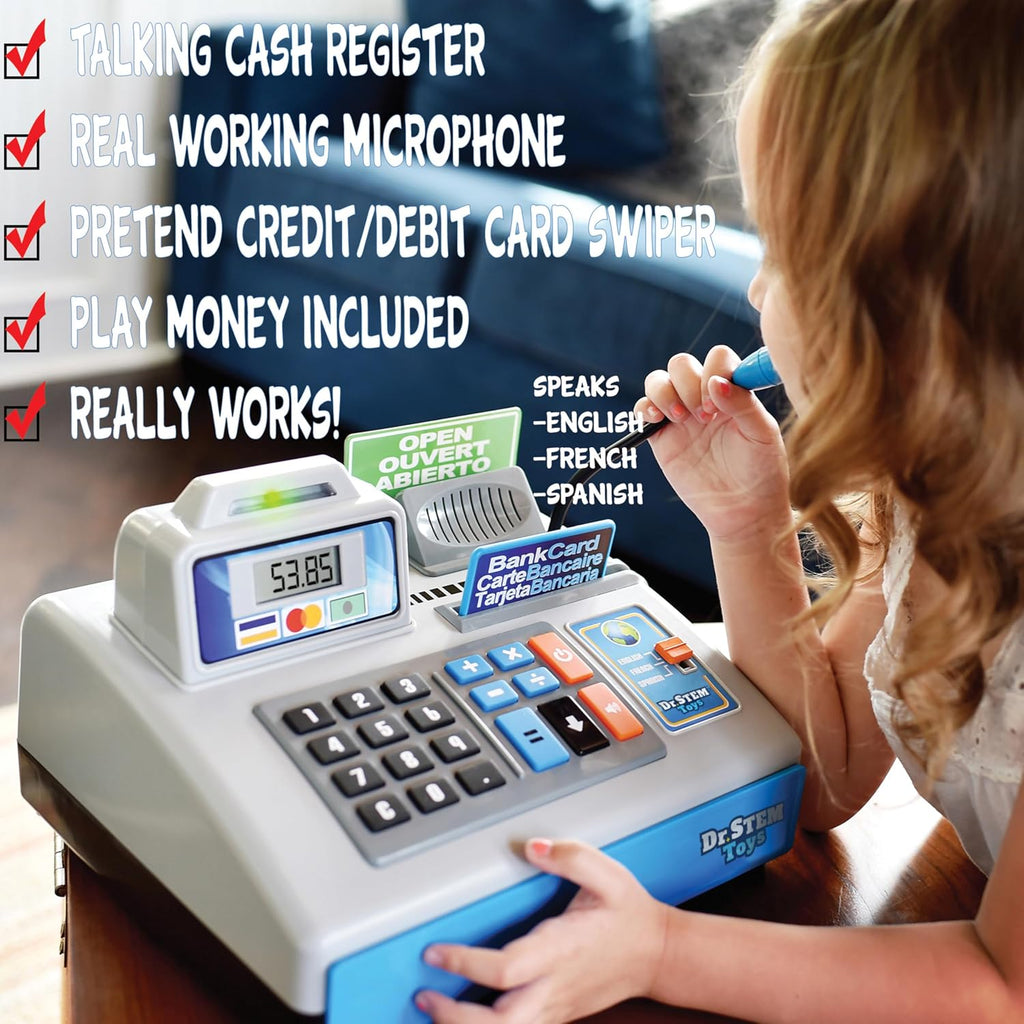 Caja registradora de juguete parlante, STEM Learning 69 piezas de simulación tienda con 3 idiomas, micrófono de paginación, tarjeta de crédito, tarjeta bancaria, dinero de juego y banca para niños (plateado)