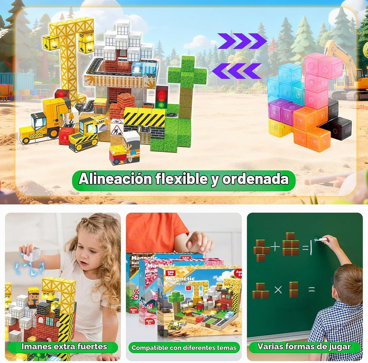 ToyUnited - 200 bloques magnéticos iluminados, bloques de construcción magnéticos, apilables, temática de construcción, STEM Montessori sensorial, regalos de cumpleaños, juguetes para niños y niñas de 3 a 12 años
