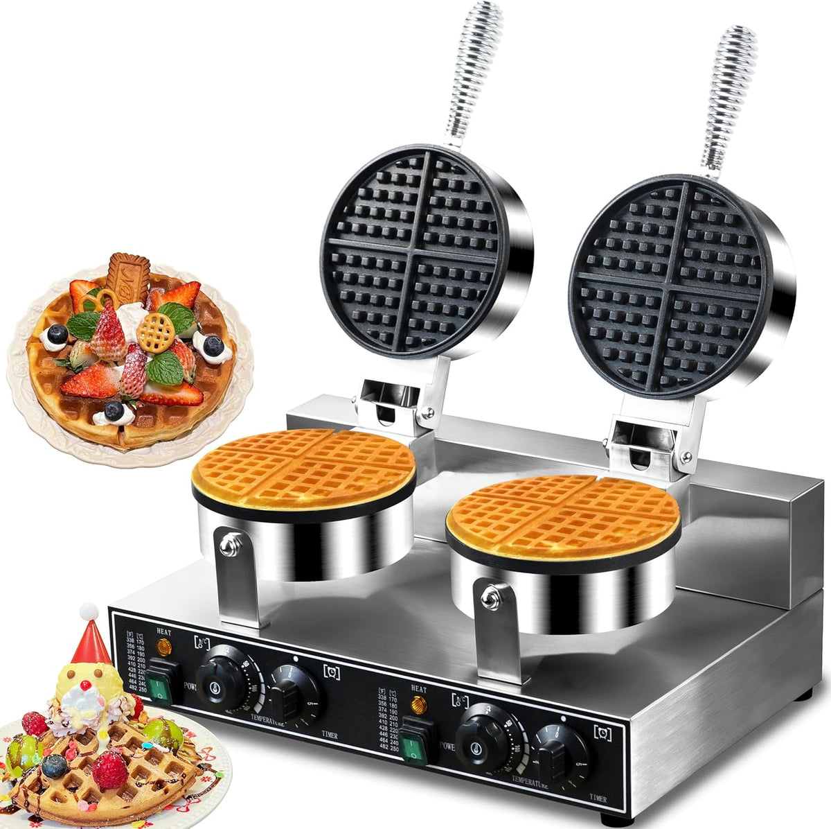 Máquina de gofres doble comercial de 110 V y 2600 W, antiadherente, de acero inoxidable, para restaurante, fiesta, puesto de alimentos, panadería, cafetería, bar, familia
