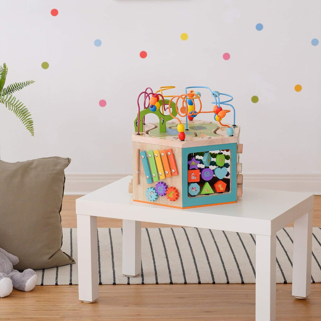 Teamson Kids Laboratorio de Juego Preescolar 7 en 1 Estación Centro de Cubo de Actividades de Madera Grande Laberinto de Cuentas y Conteo para Niños Juguetes para Bebés, Natural