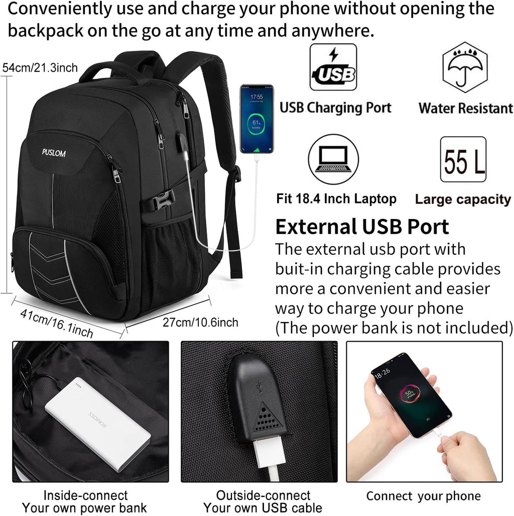 Mochila extra grande para hombres 55L, 18.4 pulgadas, mochila de viaje para portátil con puerto de carga USB, mochila de computadora de gran capacidad para vuelos de negocios, aprobada por TSA