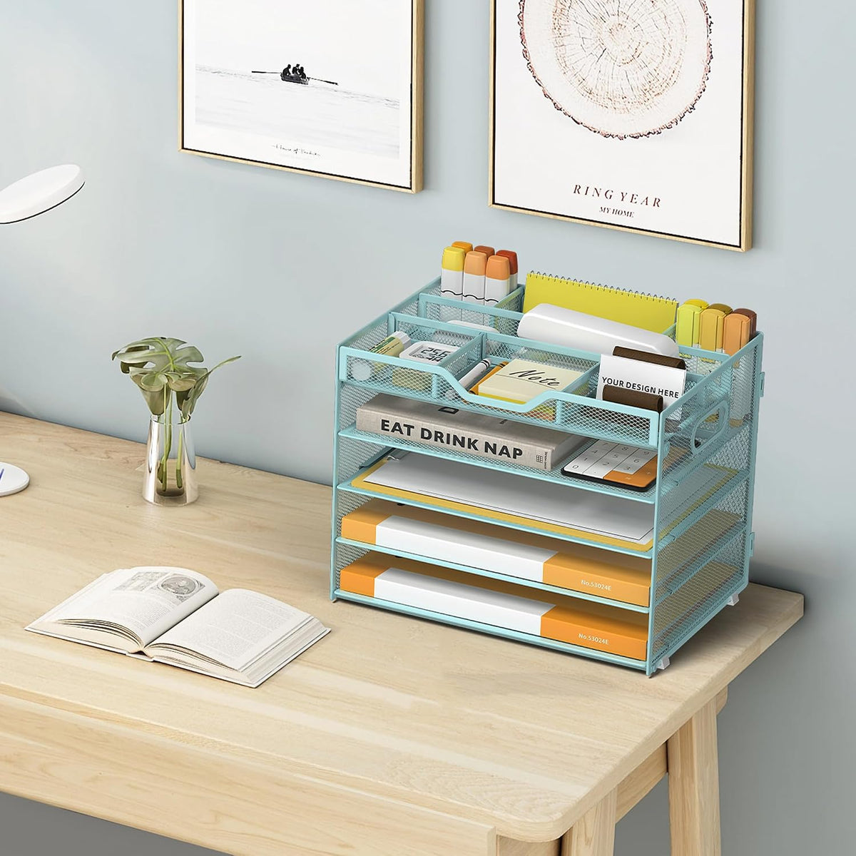 Organizador de archivos de escritorio de 5 niveles con 3 soportes para bolígrafos, organizador de archivos de escritorio de malla con asa, organizadores de escritorio y accesorios para
