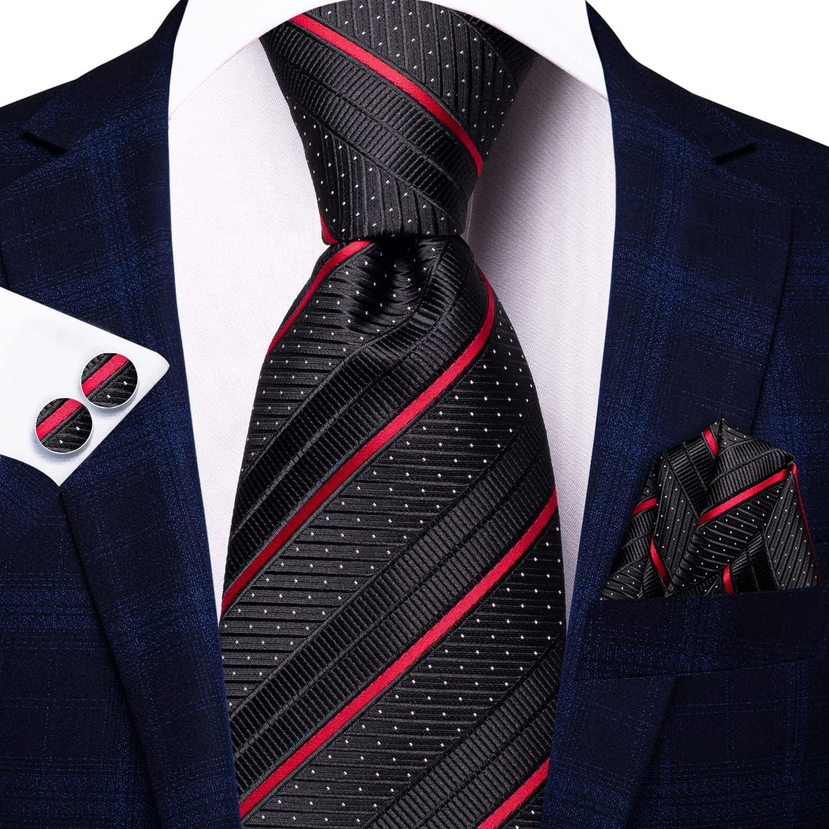 Hi-Tie - Juego de 3 piezas para hombre, incluye corbata, pañuelo de bolsillo, gemelos y pin de solapa, colección de corbata de seda