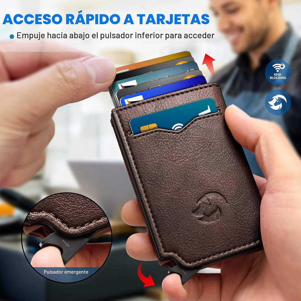 Cartera para hombre, tarjetero desplegable delgado con bloqueo RFID, billetera triple minimalista con 10 ranuras para tarjetas, bolsillo para efectivo y 2 ventanas para identificación, funda