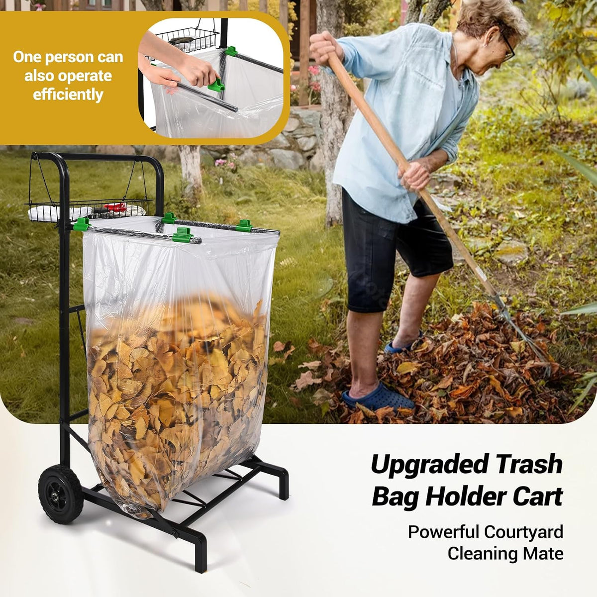 Carrito de bolsa de basura mejorado con cesta de almacenamiento y mango ergonómico, soporte ajustable para bolsas de hojas para exteriores de 30 a 45 galones de capacidad, ideal para limpieza de