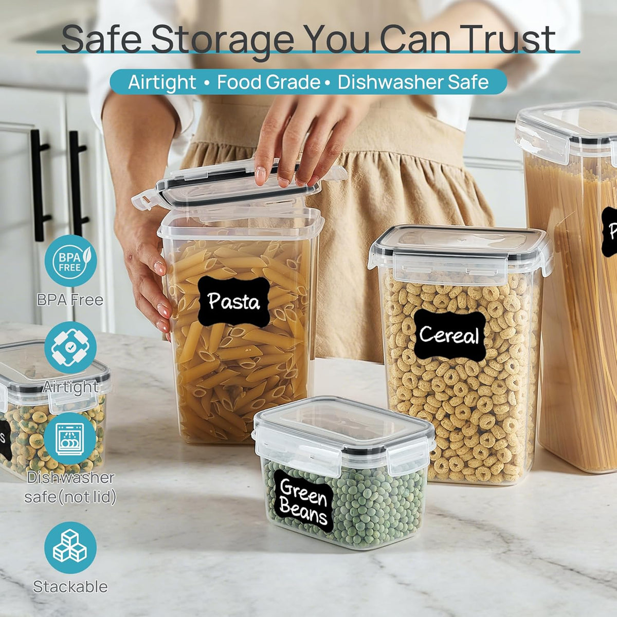 Recipientes herméticos para almacenamiento de alimentos con tapas, Vtopmart 24 piezas recipientes de plástico para organización de cocina y despensa para cereales, alimentos secos, harina y azúcar
