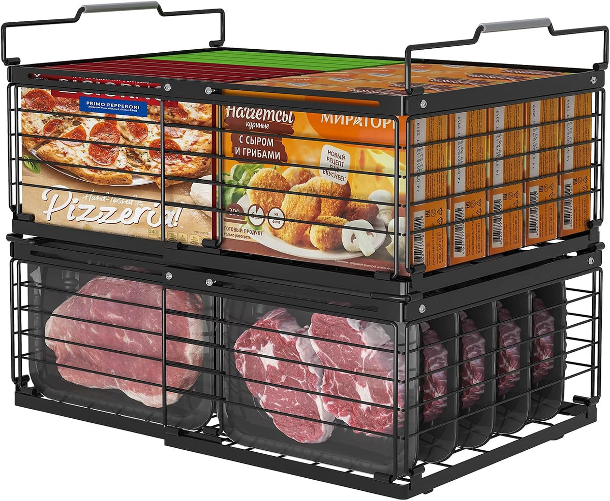 ADRIMER Contenedores organizadores para congelador, 2 paquetes plegables y apilables con longitud ajustable de 11 a 17.3 pulgadas, cestas de almacenamiento de alambre de metal para congelador vertical