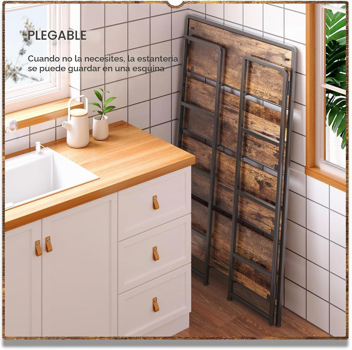 Estantería plegable extra ancha de 4 niveles sin montaje, estantes de almacenamiento vintage para dormitorio, sala de estar, oficina en casa