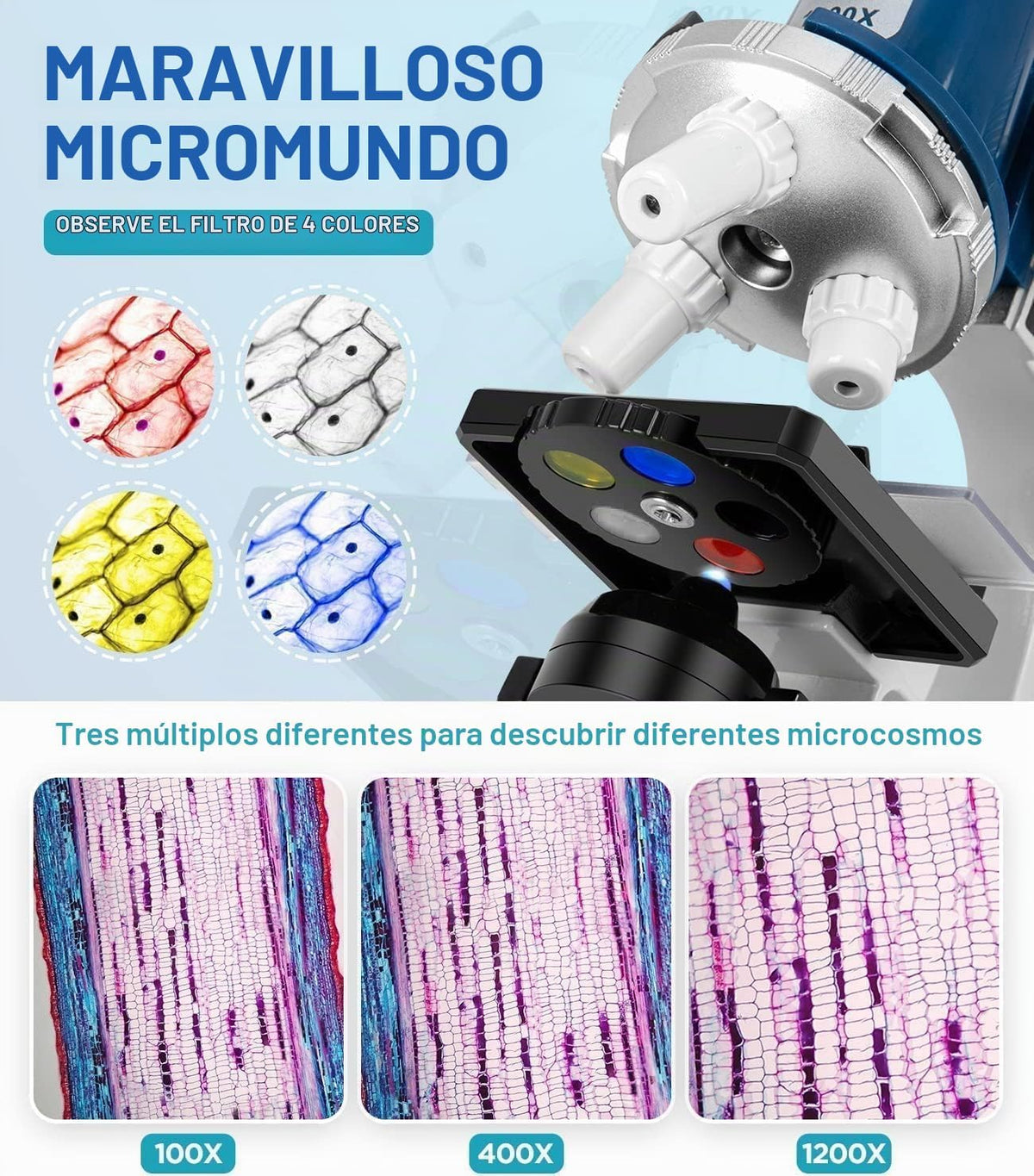 Kit de microscopio para niños de 58 piezas, aumento de 100X-1200X, cuerpo de metal, luz LED, caja de transporte, juguete de experimento científico para niños de 5 a 12 años