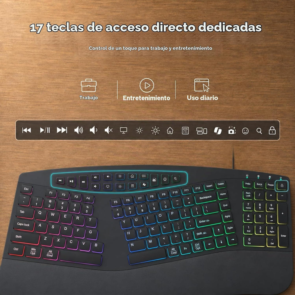 Teclado dividido ergonómico con cable con retroiluminación RGB y